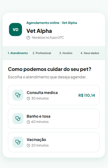 Fluxo de agendamento online do VetDaily no celular