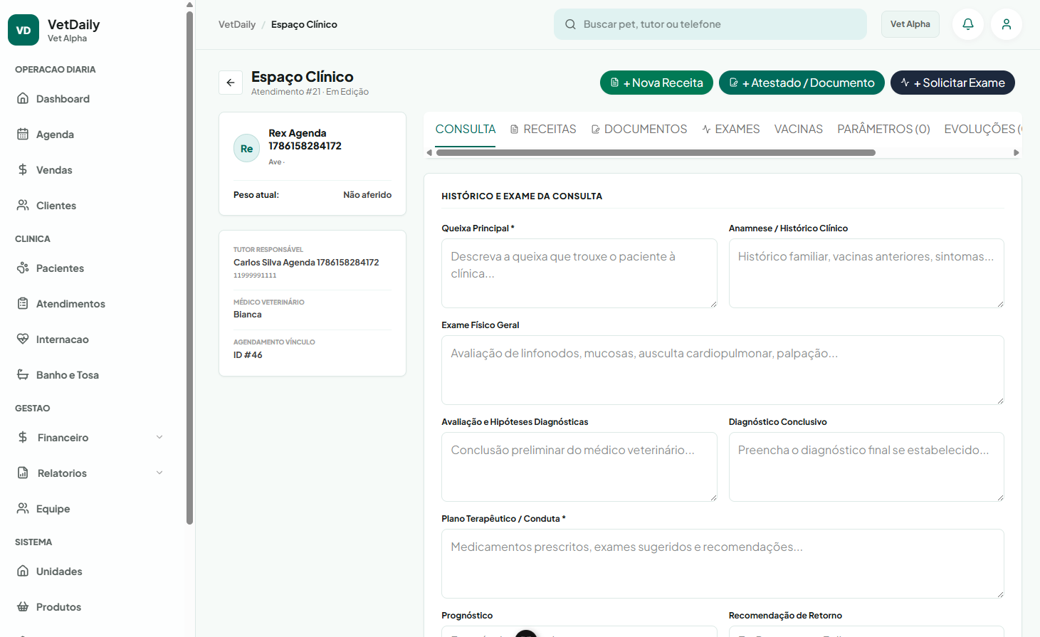 Espaço clínico do VetDaily para registro de consulta veterinária